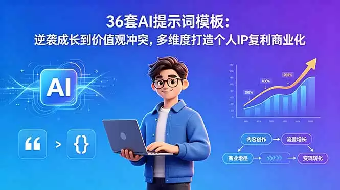 （18630期）36套AI提示词模板：逆袭成长到价值观冲突，多维度打造个人IP复利商业化-尊多创业网