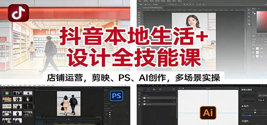 抖音本地生活+设计全技能课：店铺运营，剪映、PS、AI创作，多场景实操-尊多创业网