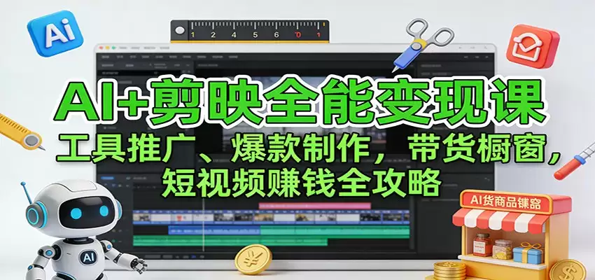 AI+剪映全能变现课：工具推广、爆款制作、带货橱窗，短视频赚钱全攻略-尊多创业网
