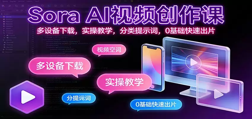 Sora AI视频创作课：多设备下载，实操教学，分类提示词，0基础快速出片-尊多创业网