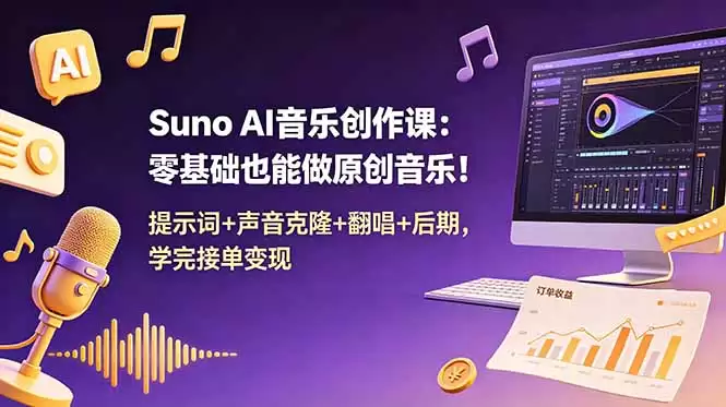 (18945期) Suno AI音乐创作课:零基础也能做原创音乐!提示词+声音克隆+翻唱+后期,学完接单变现-尊多创业网