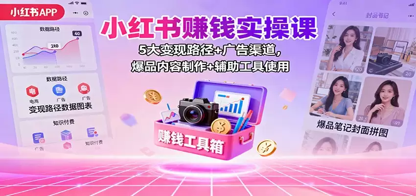 小红书赚钱实操课：5大变现路径+广告渠道，爆品内容制作+辅助工具使用-尊多创业网
