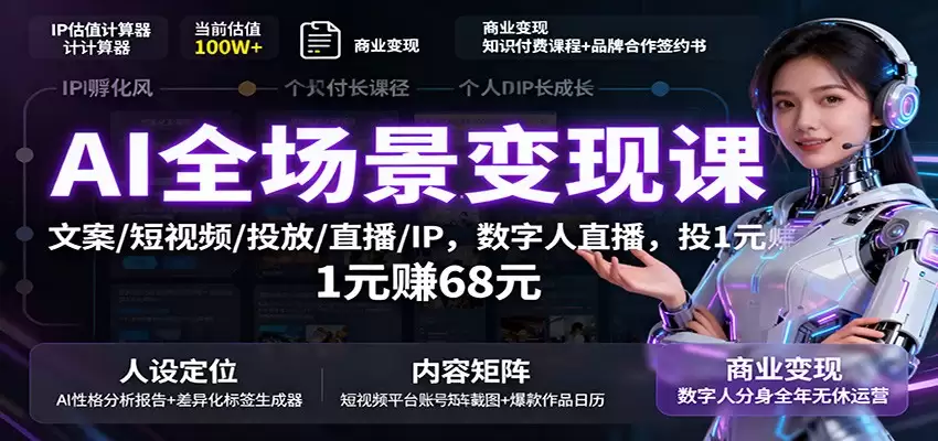 AI全场景变现课：文案/短视频/投放/直播/IP，数字人直播，投1元赚68元-尊多创业网