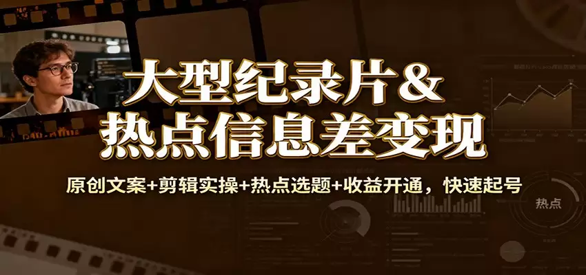大型纪录片&热点信息差变现：原创文案+剪辑实操+热点选题+收益开通，快速起号-尊多创业网