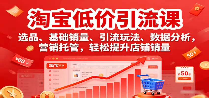 淘宝低价引流课，选品、基础销量、引流玩法、数据分析，营销托管，轻松提升店铺销量-尊多创业网