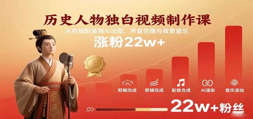 历史人物独白视频制作课，从剪辑配音到AI出图，声音克隆与背景音乐，涨粉22w+-尊多创业网