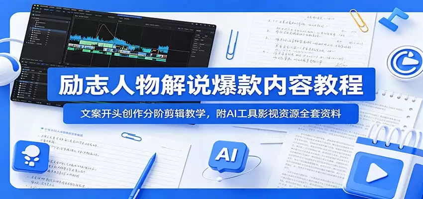 励志人物解说爆款内容教程：文案开头创作分阶剪辑教学，附AI 工具影视资源全套资料-尊多创业网