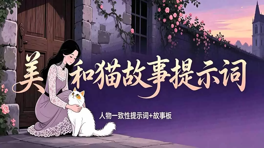 (18909期)美女和猫故事提示词,人物一致性提示词+故事板-尊多创业网