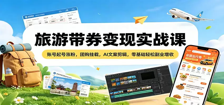 旅游带券变现实战课：账号起号涨粉，团购挂载，AI文案剪辑，零基础轻松副业增收-尊多创业网