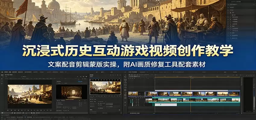沉浸式历史互动游戏视频创作教学：文案配音剪辑蒙版实操，附AI画质修复工具配套素材-尊多创业网