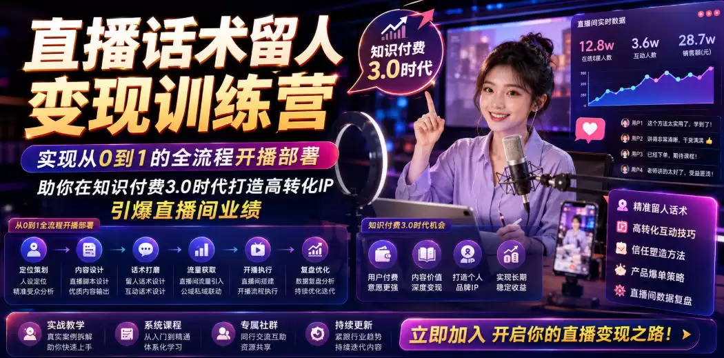 直播话术留人变现训练营，实现从0到1的全流程开播部署，助你在知识付费3.0时代打造高转化IP，引爆直播间业绩-尊多创业网