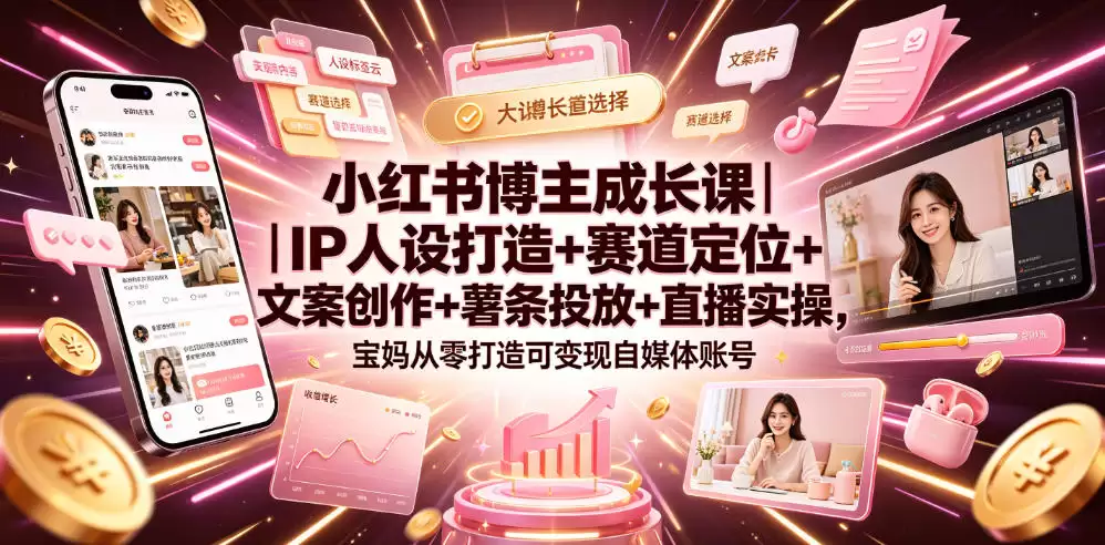 小红书博主成长课程｜IP人物创作+赛道定位+文案创作+薯条投放+直播实践，宝妈从零开始打造一个可变现的自媒体号-尊多创业网