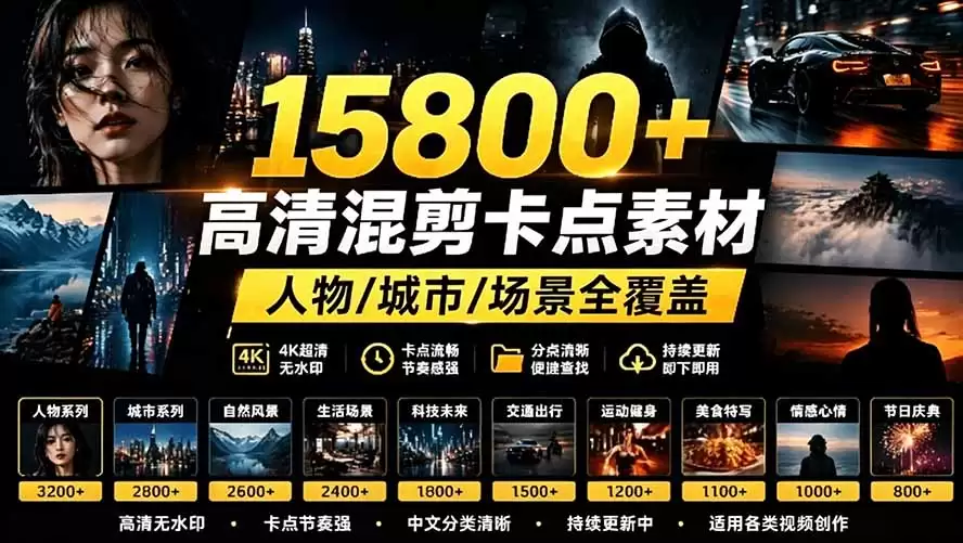 （第19120期）【影视剪辑素材合集】15800+高清混合剪辑卡点|热门影视精选|人物/城市/场景全覆盖，中文分类清晰-尊多创业网