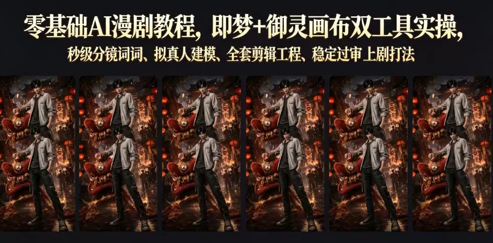 零基础AI漫剧教程,梦幻+御灵画布两大工具实战操作,二级分镜提示,模拟真人建模,全套剪辑项目,通过审核的稳定玩法