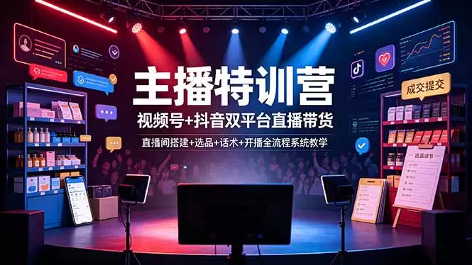 (第19140期)主播特训营:视频账号+抖音双平台直播带货、直播间搭建+产品选品+演讲技巧+播音全程系统化教学-尊多创业网
